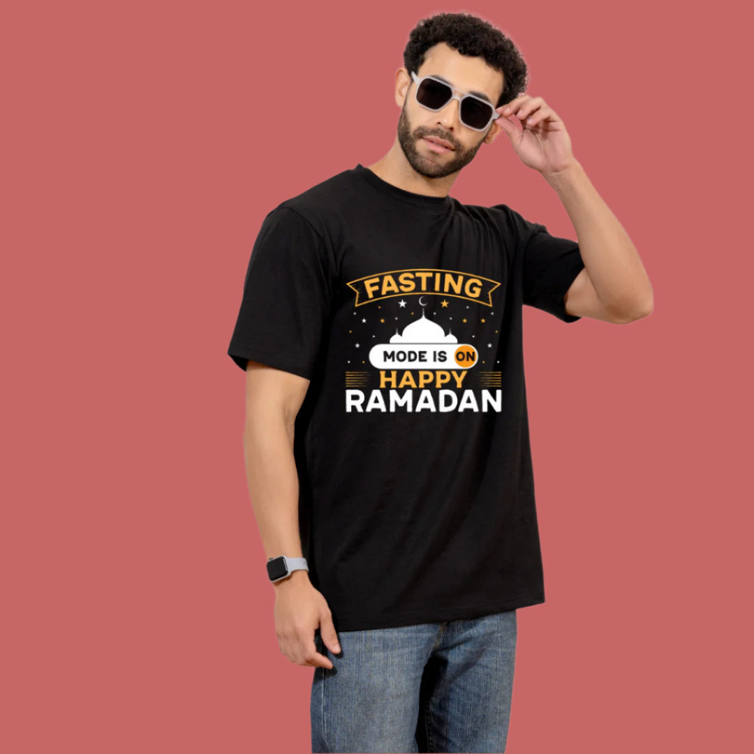 Ramadan Fasting T-Shirt, Happy Ramadan Mode Design, Black Cotton Unisex Tee